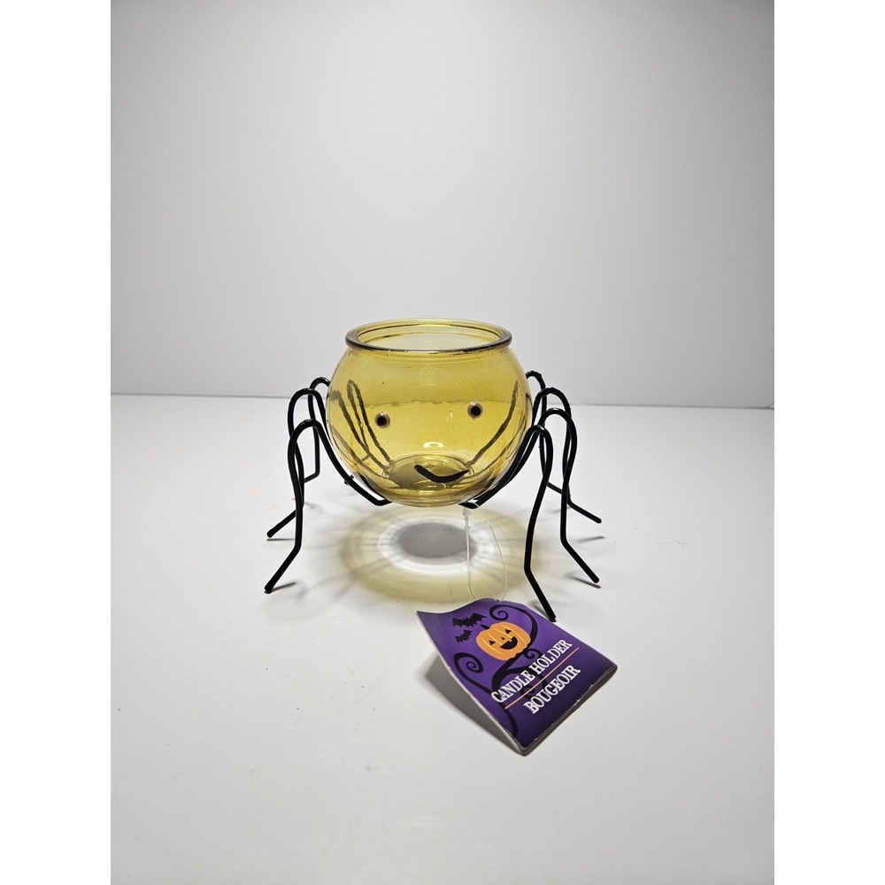Halloween Spider Candle Holder Yellow Glass Bowl Metal Legs Googly Eyes NWT